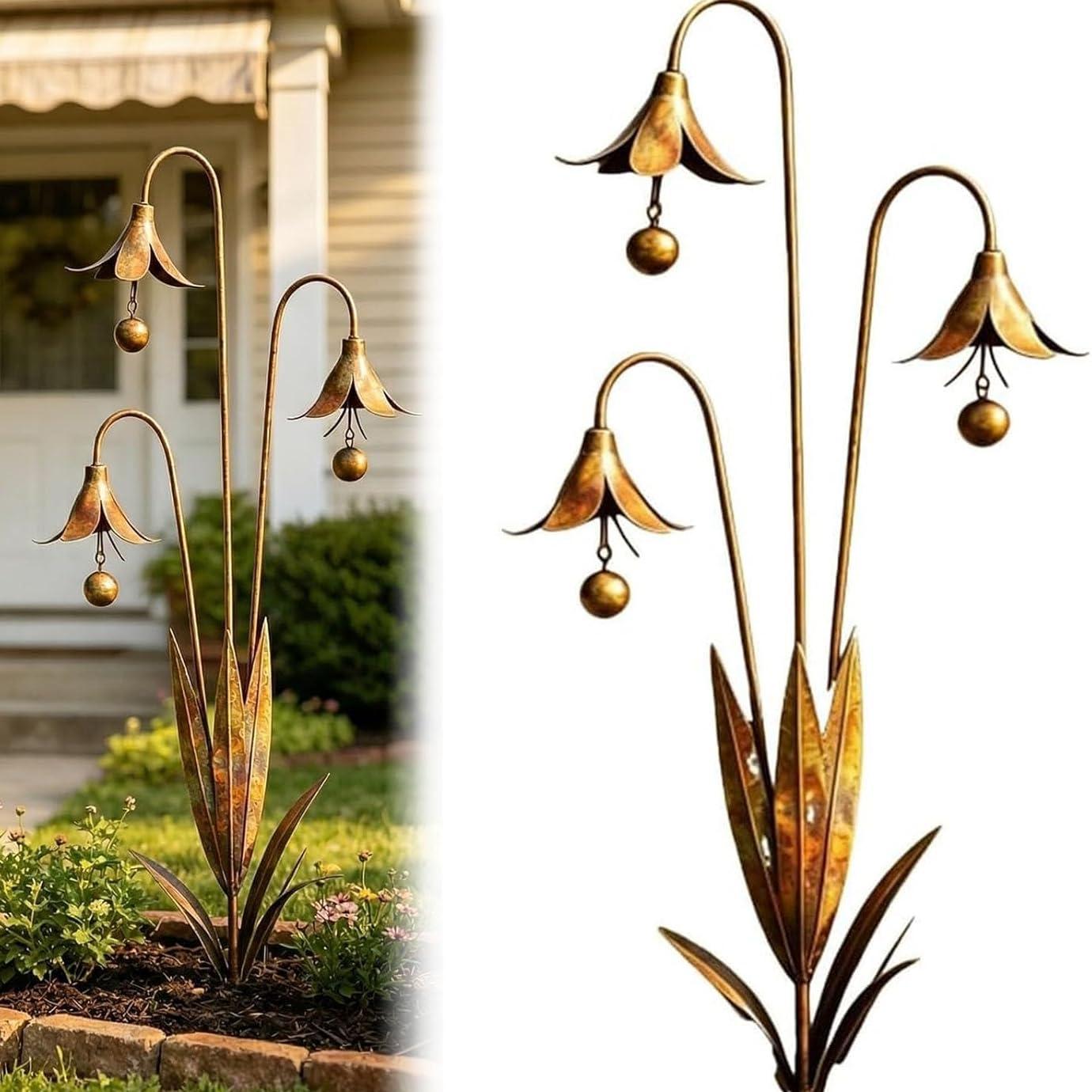 

Metal Flower Triple Bluebells Garden Stake Yard Decoration with Bell Durable Weather Resistant Rustic Handmade Ornament for Walkways Patios Lawn 1PCS