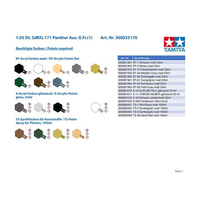 Tamiya 1/35 Military Miniature Series No.170 German Army Tank Panther G Early Production Plastic Model 35170 Pre-colored Small