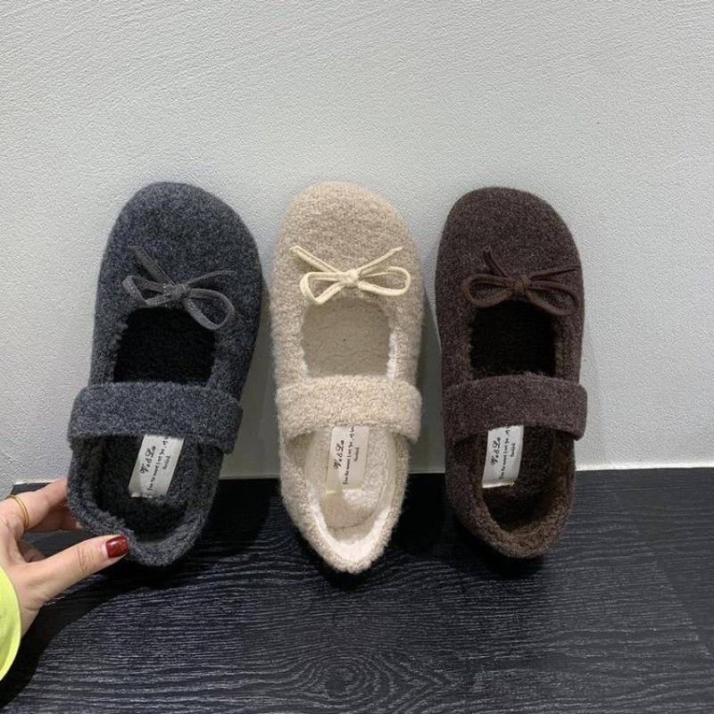 Fashion Design Elegant Plush Loafers Women's Shearling Ballet Flats Strap Warm Rabbit Fur Lined Crystal Buckle Mary Jane Flat Shoes