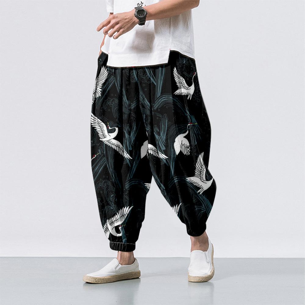 Great Wave of Kanagawa Crane Splicing Printed Casual Beach Harem Pants Men Hip Hop Nine Points Trousers Jogger Sweatpants