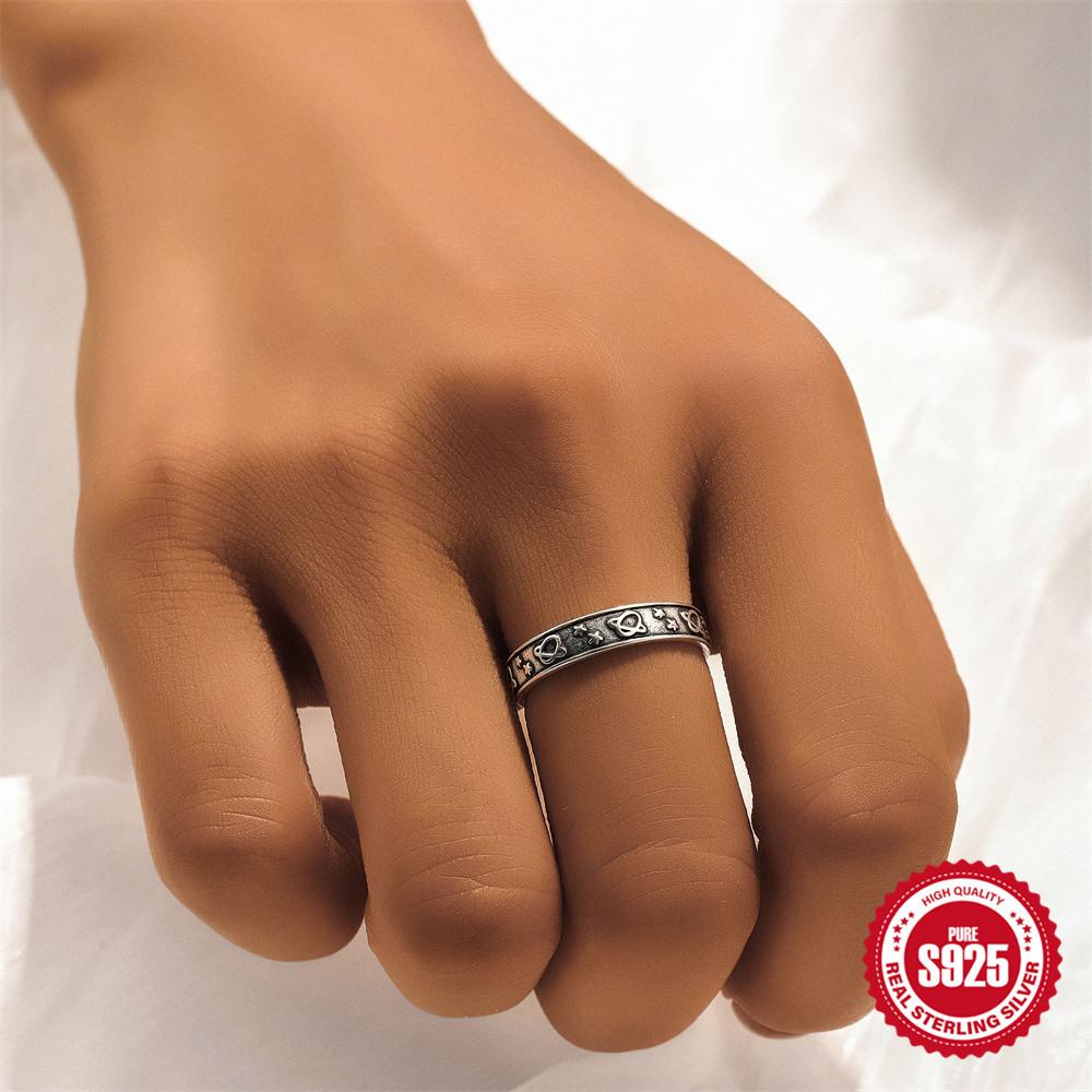 925 Sterling Silver Thai Silver Style Retro Fashion Old Ring Women'S Personality Trend Sun Moon Ring Simple