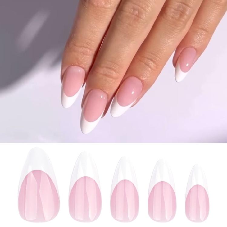 24 Pièces Ongles Press-On Brillants Court Amande Faux Ongles Joli Élégant Ongles à Coller Blanc French Tip Ongles Artificiels