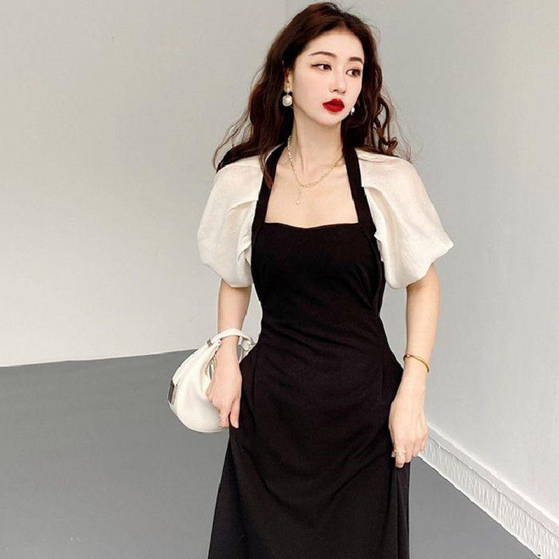 Black Patchwork Midi Dress Women 2026 Elegant Hepburn Style With Puff Sleeve Loose Fit Small