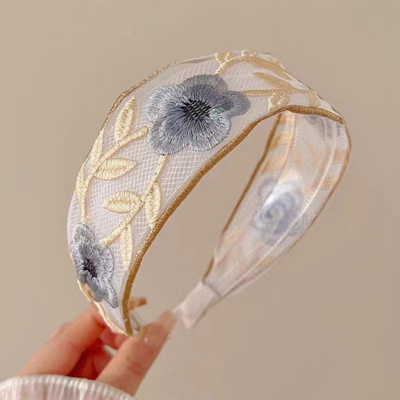 Hand-Made Cotton Linen Hairband Intricate Embroidery Blossom Design Adjustable Wide Band Unisex Hair Accessory