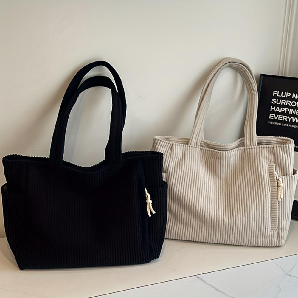A Casual Corduroy Handbag with Zip Closure, Lightweight and Large Capacity, Fixed Shoulder Strap and Polyester Lining, Solid Everyday Commuter Handbag