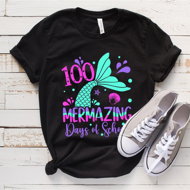 Women's Top 100 Days of School Printed High Street Trendy Fashion Casual Cotton T-Shirts Women’s