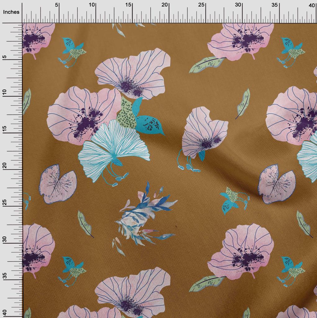 oneOone Cotton Flex Dark Mustard Fabric Leaves & Floral Dress Material Fabric Print Fabric By The Yard 40 Inch
