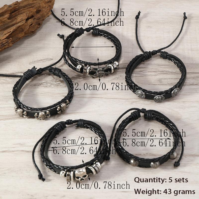 Hot Sale 5 Pieces/Set Punk Style Handwoven Retro Fashion Skull Alloy Accessories Leather Bracelet