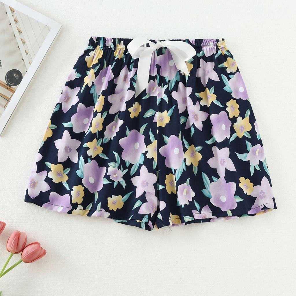 Women's Summer Cotton Silk Drapey Floral Shorts with Elastic Waist