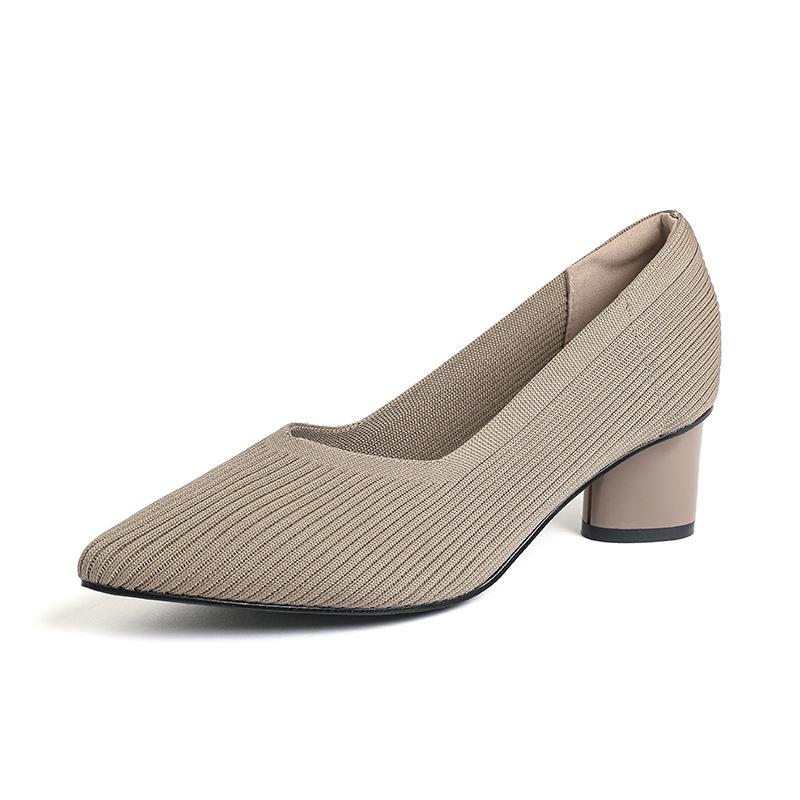 Fashion 2025 Pointed Toe Middle Heel Breathable Comfortable Knitted Shoes Women Shallow Mouth Chunky Heel Fashion Zapatos De Mujer Pumps