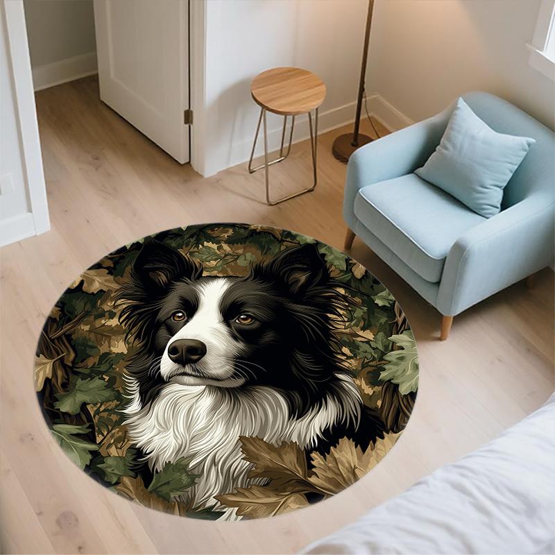 Tappeto rotondo con motivo Border Collie e Piante, Tappeto per Soggiorno Camera da Letto Sala Giochi, Tappetino Antiscivolo, Regali per le Feste e Regali di Compleanno.