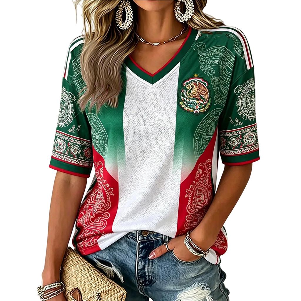 Women's Fashion Print V-Neck Long Sleeve Pullover Top Casual Tee