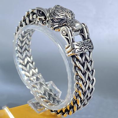 Mighty Men's Wolf Head Bracelet Trendy Retro Rough Double Row Dragon Bone Chain As a Gift for Boyfriend