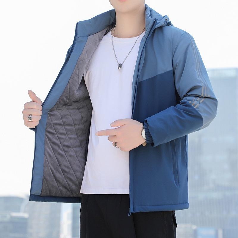 

New Men s Velvet Cotton-padded Jacket with Hooded Multi-bag Loose Large Size Blue Casual Cotton-padded Jacket. L джинсовый синий