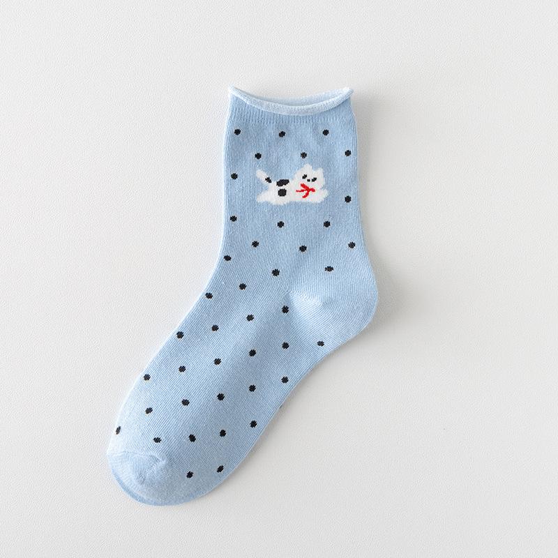 

Тонкие носки на весну и осень, милые мультяшные носки до середины икры, носки в горошек с отворотами, длинные носки в школьном стиле 1 pair синий