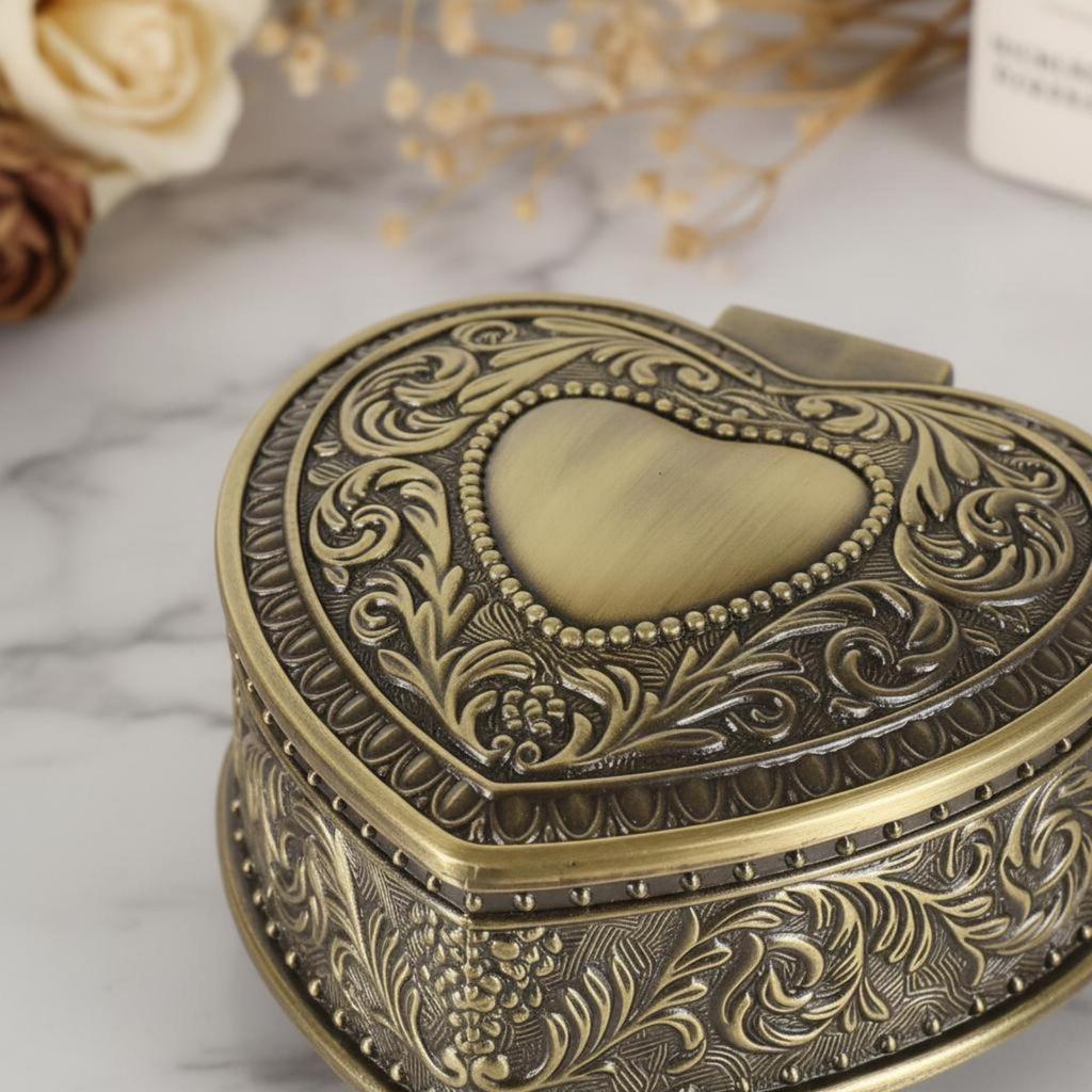 HeartShaped Jewelry Box VelvetLined Container Embossed Antique Case