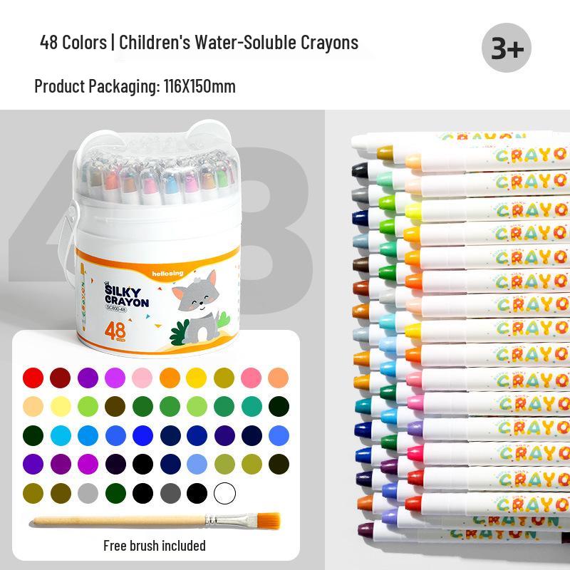 Water-Soluble Rotating Oil Pastels Set - 48 Colors for Children's Art and Crafts, Crayons and Paintbrushes Included, Multi-Color Doodling Pens.