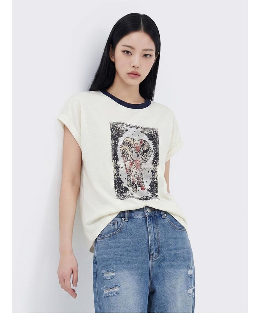Poebeo21 Vintage Roll-Up Sleeve Printed Short Sleeve Knit (Ftdbnt016)