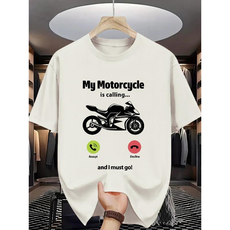 European sizes  Men'S Casual Crew Neck T-Shirt with "My Motorcycle is Calling" Print, Black, Summer Sporty Style, Slight Stretch Fabric