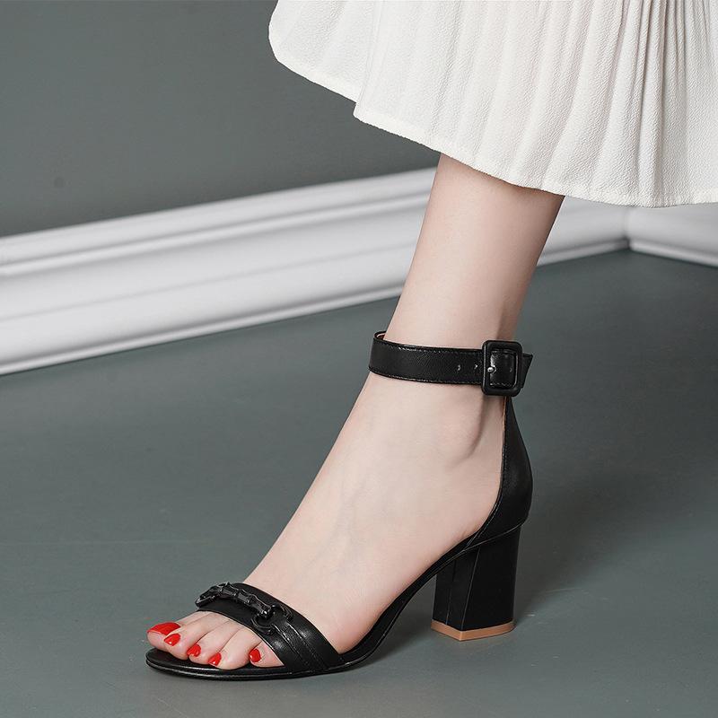 New Spring and Summer Classic One-word Buckle High Heels Pointed Thick Heel Sandals Style Open-toed Versatile Women's Shoes