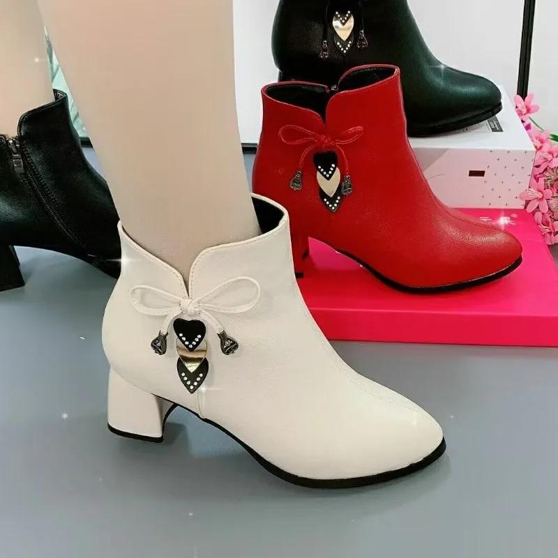 Fashion New Women Ankle Boots High Heels Boots Comfortable Autumn Winter Lady Fashion Boots Bow Side Zipper Shoes 2025 Zapatos De Mujer