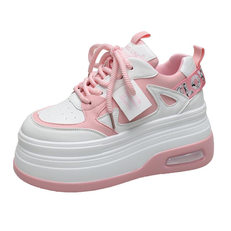 Chunky Leather Women Casual Shoes White Black 8CM High Platform Wedge Heels Sneakers Female Women Spring Autumn Skateboard Shoes