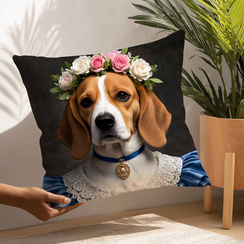 Renaissance Royal Beagle Dog Pillow Case Square Double‑Sided Print Cushion Case For Sofa Home Bedchamber Decor Gift