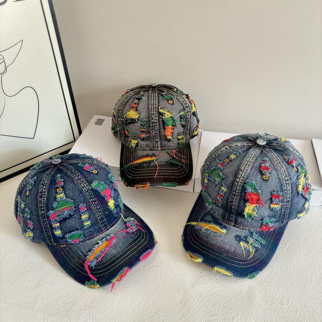 Fashion Style Women Cap Tear Style Hole Vintage Colorful Lines Baseball Caps Female Casual Outdoor Streetwear Denim Hat