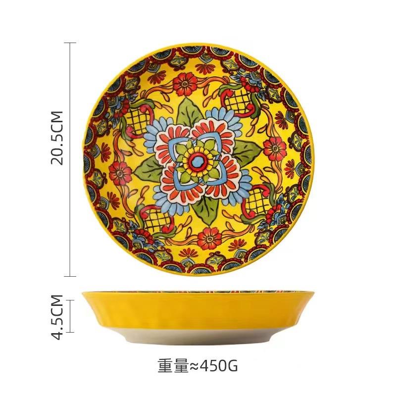 8inch Bohemian Ceramic Western Steak Plate Vintage Dinnerware Set Floral Design Home Restaurant Fruit Plate Bowl Dinner Plate