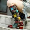 Johnature Handmade Color Printing Splice Flower Belt Buckle Comfortable Thick Heel Women Mid-calf Boots