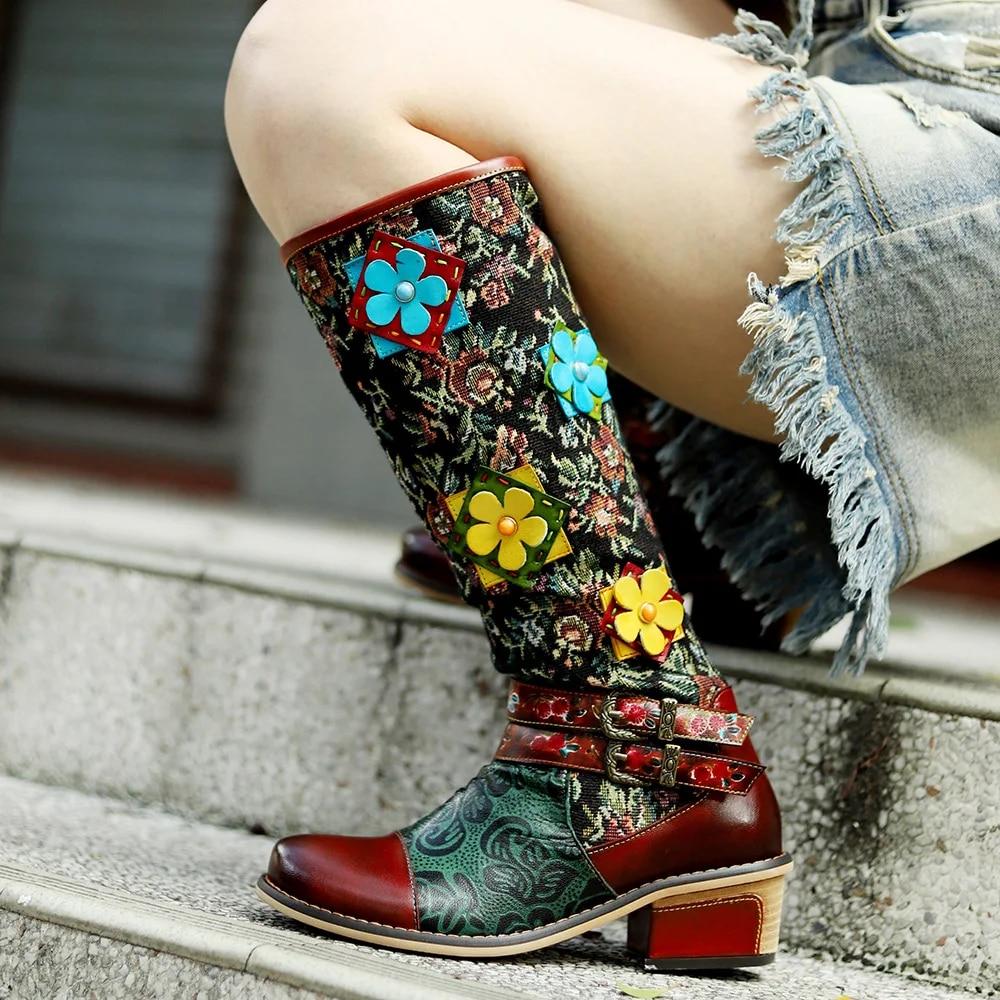 Johnature Handmade Color Printing Splice Flower Belt Buckle Comfortable Thick Heel Women Mid-calf Boots