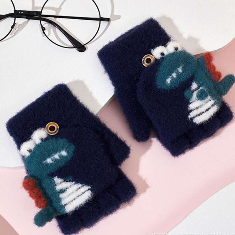 Convertible Gloves Winter Half Finger Mittens Stretchy Knit Half Finger Gloves with Soft Cover for Kids Teens Kawaii