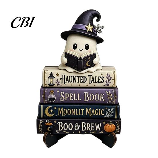 Cute Ghost Figurine Halloween Reading Figurine, Wooden Desktop Ornaments, Vintage Fall Fireplace Decorations Statue with Stand for Home Tabletop Shelf