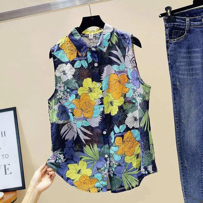 

Women Summer Style Blouses Shirts Lady Casual Sleeveless Turn-down Collar Printed Blusas Tops M синий