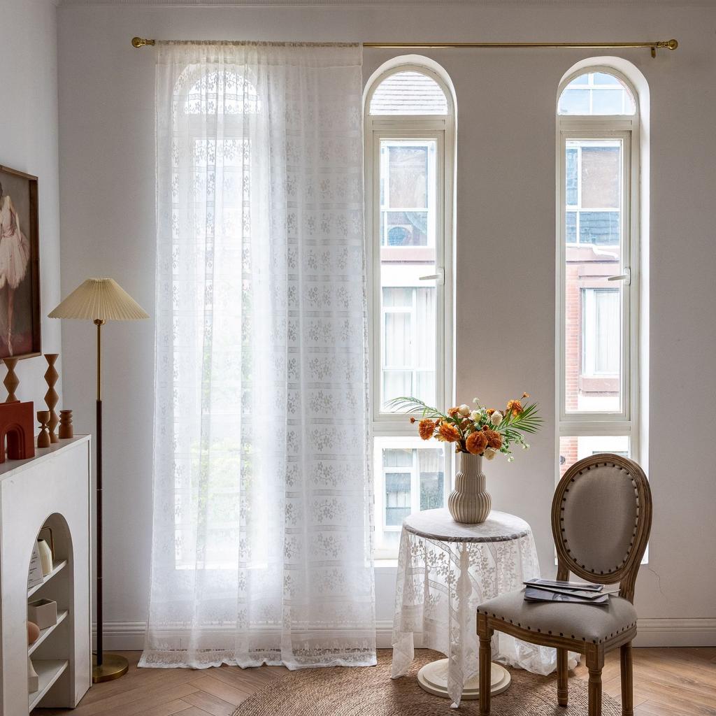 White Lace Flower Jacquard Curtain Finished Gauze Curtain Living Room Balcony Bedroom Non-Punching Curtain Finished Curtain