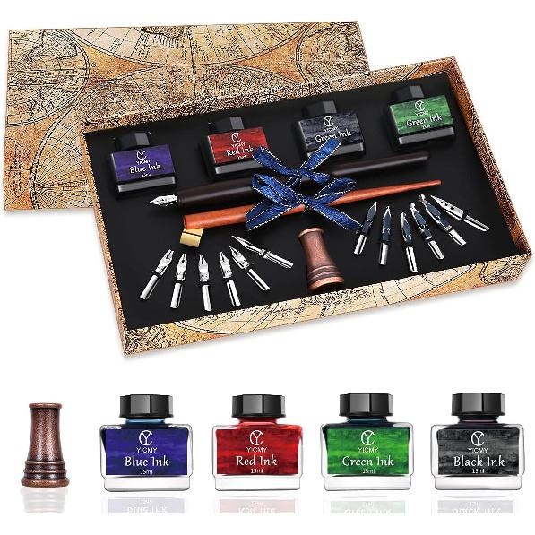 Calligraphy Pen Set,Calligraphy Set For Beginners Includes Oblique Pen Wooden Calligraphy Pen 12 Pen Nibs & 4 Different Color Inks Dip Pen Set чёрный