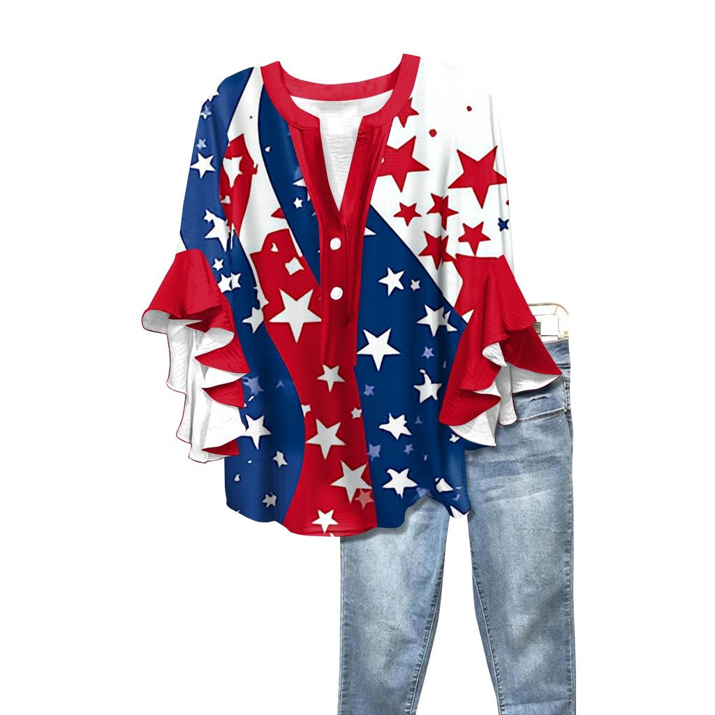 Summer Women's Tops V Neck Seven Sleeve Shirt Independence Day Printed Tops Casual Shirt