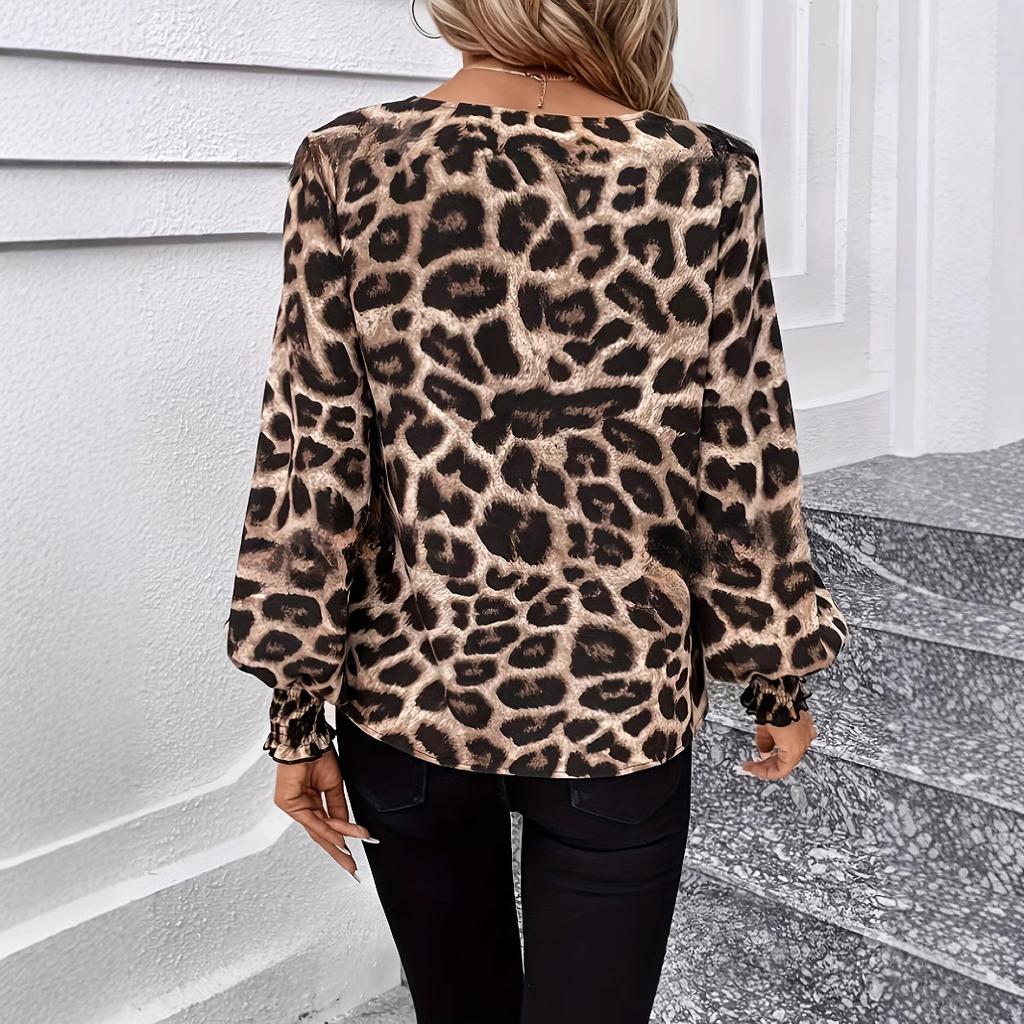 Cross-border Women's Clothing Popular V-neck Leopard Print Loose Long-sleeved Casual Shirt, Chiffon Shirt, Top