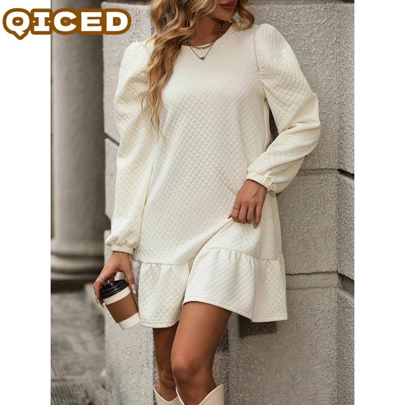 QICED Abiti casual con scollo a maniche lunghe con stampa tinta unita primavera estate moda donna