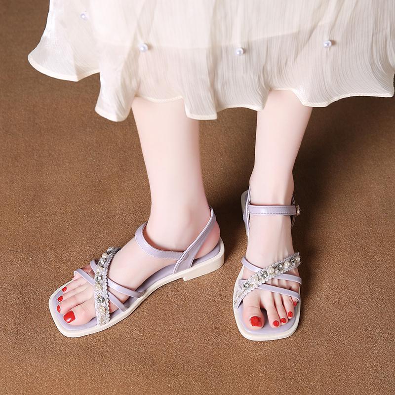 Fashion Women's Summer Sandals Fashion Square Head Shallow Mouth Crystal Thin with Soft Sole Anti-slip Wear-resistant Low Heel Shoes