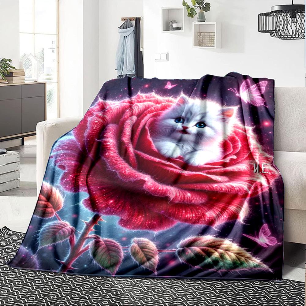 Cute Kitten In Glowing Red Rose Starry Sky Print Flannel Fleece Blanket Fantasy Floral Animal Soft Warm Throw Blanket Sofa Bedroom Home Decor Gift