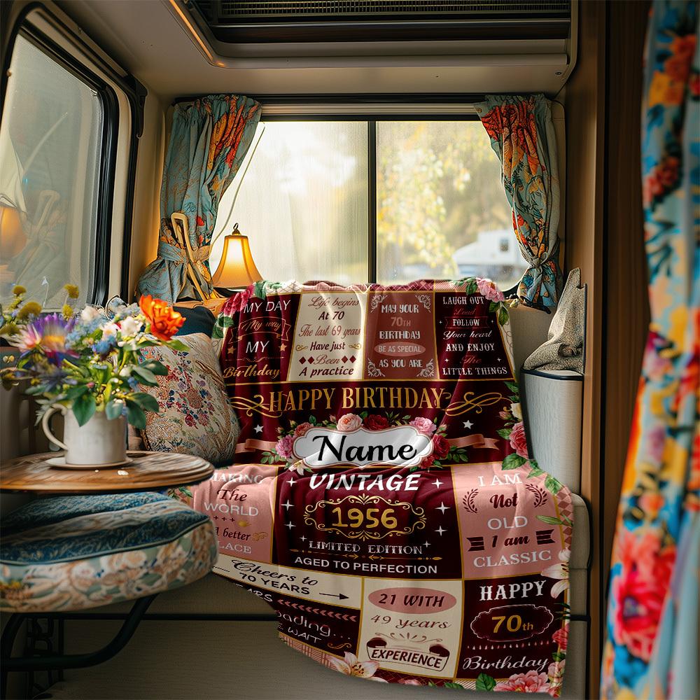 Vintage 70Th Birthday Celebration Blanket Personalized Name Soft Comfortable Stylish Blanket Car Blanket Perfect For Travel Camping Outdoor Home