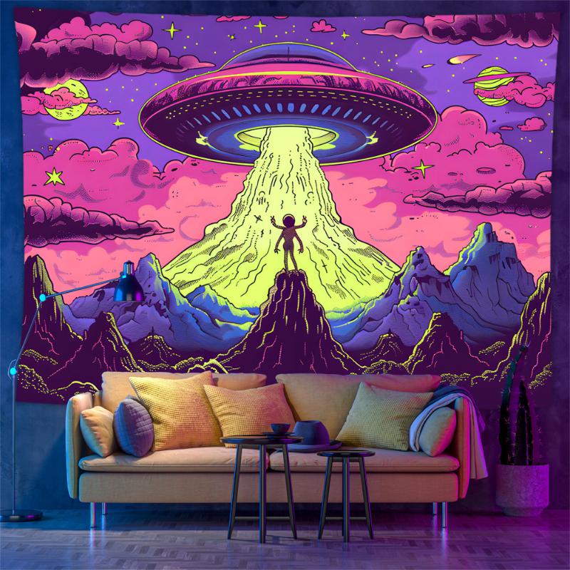 Blacklight Psychedelic Tapestry Space Mushroom UV Reactive Wall Hanging Trippy Room Home Decoration 100X70CM