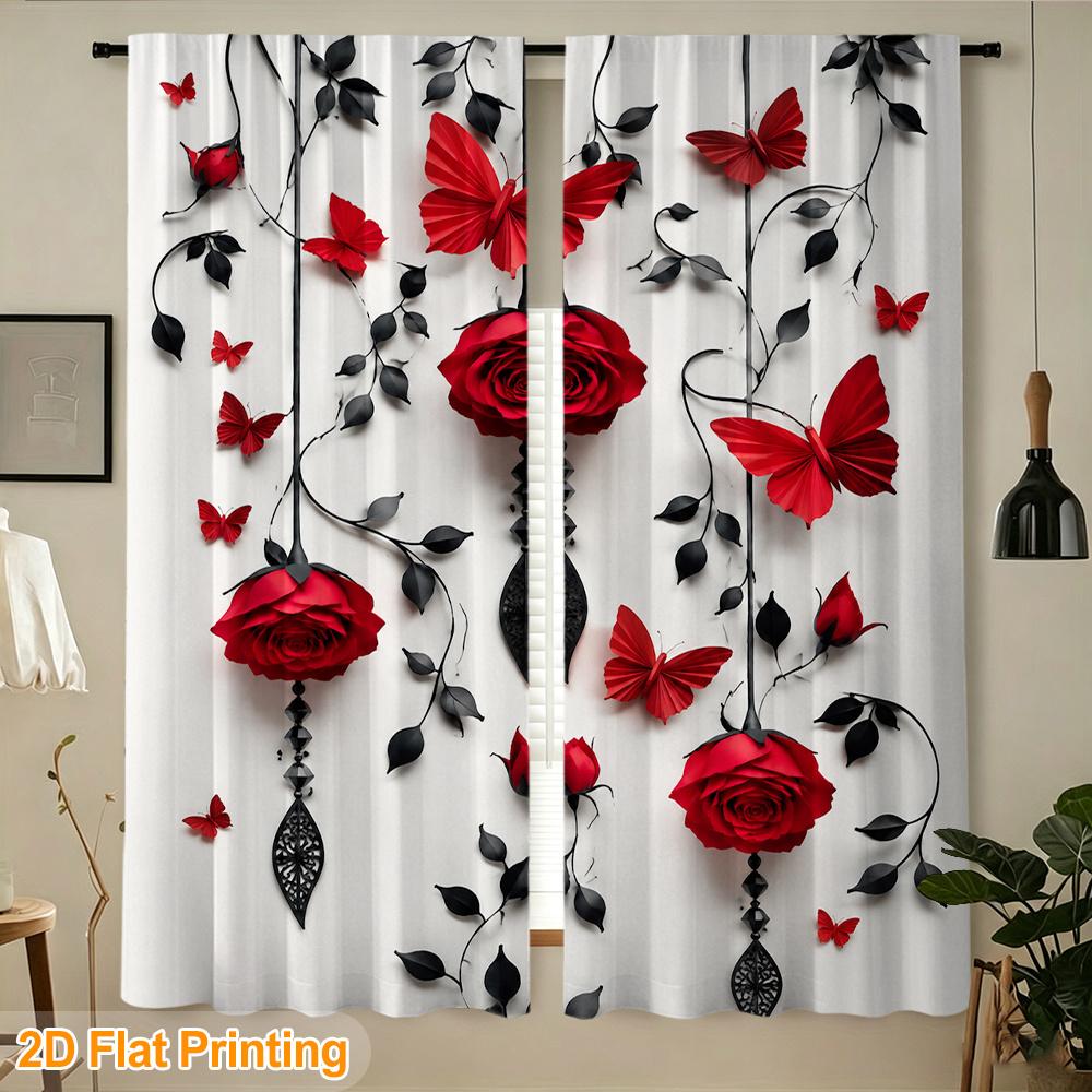 2pcs Rod Pocket Curtain with Red Roses Butterflies Black Vines Print, Stylish Window Drapes for Home Decor Living Room Bedroom
