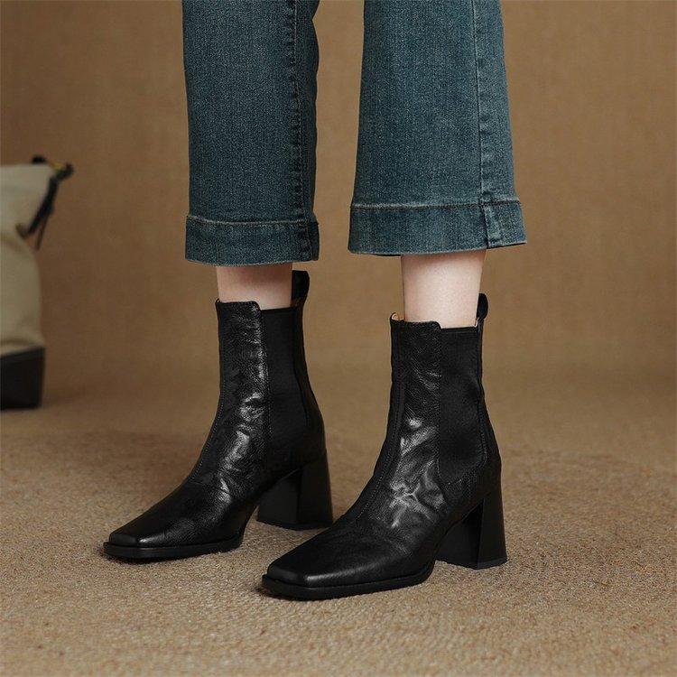Women'S New Autumn/Winter Square Headed Leather Sheepskin Elastic High Heels Calf Chelsea Short Boots