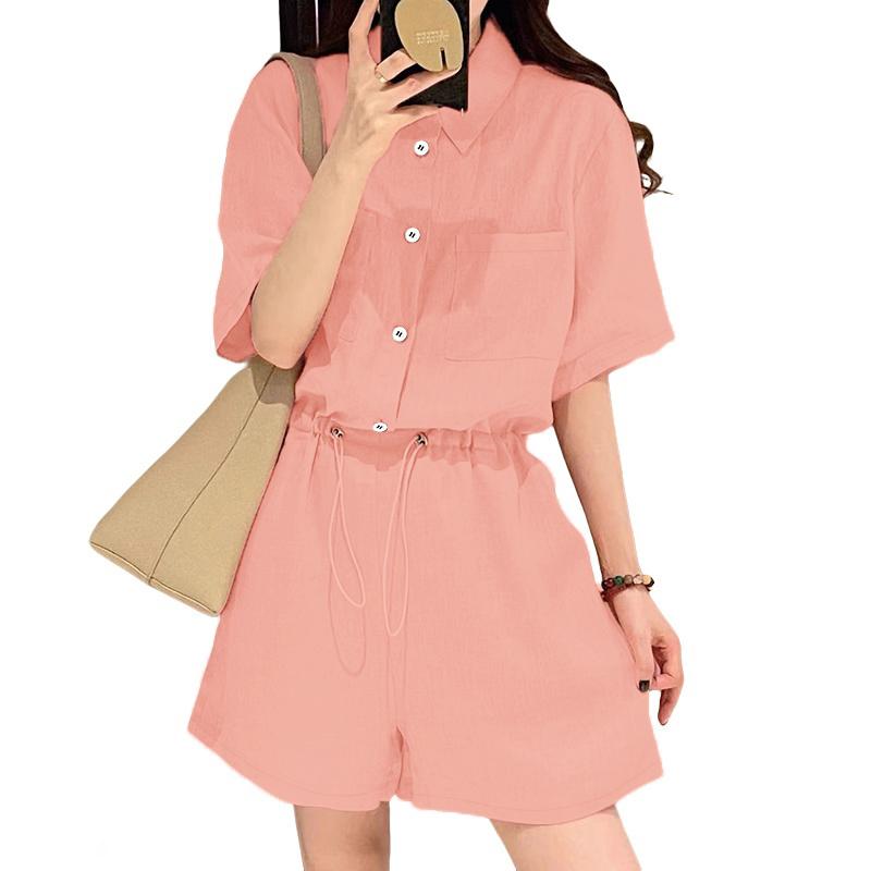 ZANZEA Women Summer Turn Down Collar Short Sleeve Drawstring Jumpsuits Overalls