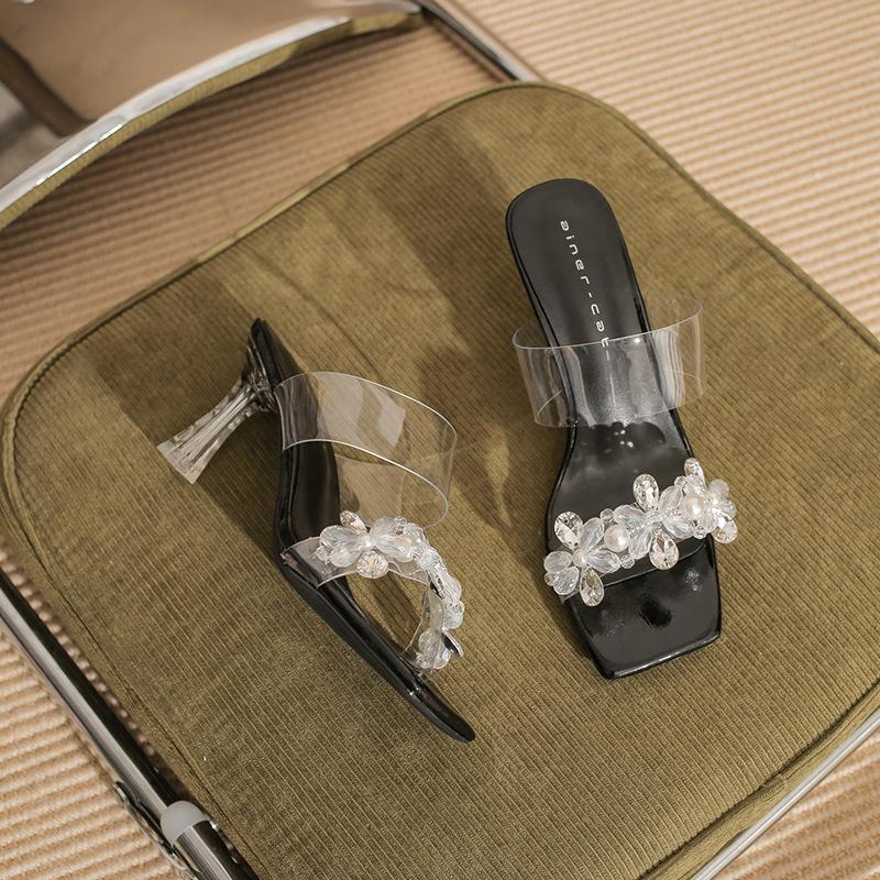 7315 High-heeled Slippers Women's New Transparent Crystal Heel Cool Slippers Square-heeled Sandals In Summer 2025