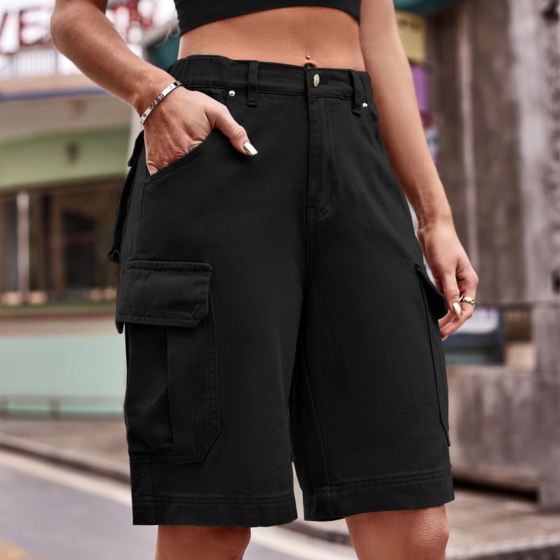 

Women Bermuda Cargo Shorts Long Shorts Knee Length Denim Cargo Pants Black M