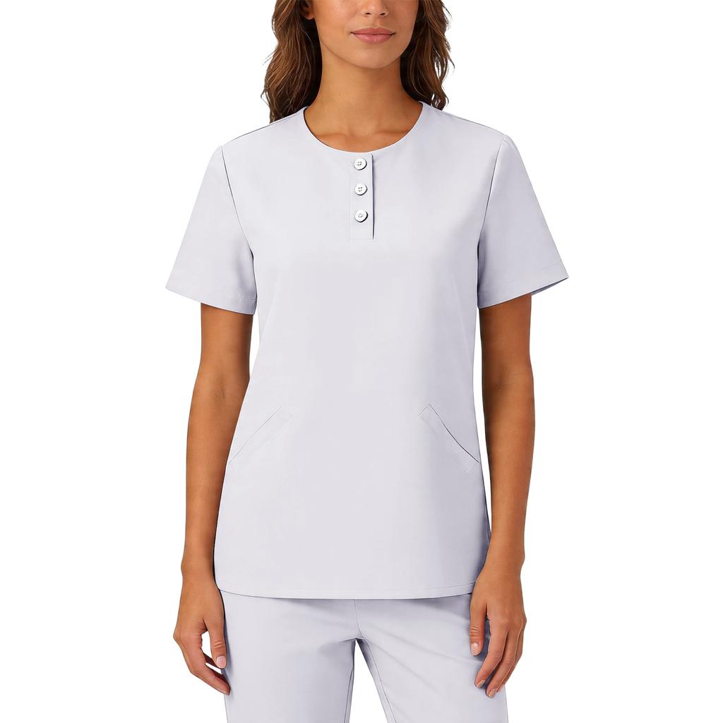 Womens Stretchy Quick Dry V Neck Short Sleeve Top with Pockets Button Front Uniform Blouse for Healthcare Hospitality Service