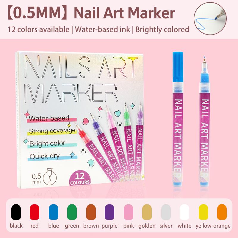 Cross 0.5mm Nail Art Pen Set - 12 Colors for DIY Dotting, Painting & Graffiti